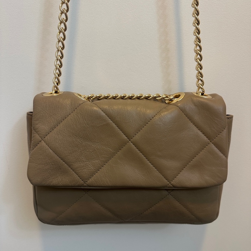 Anna Paola Tan Brown Quilted Leather Flap Chain Handbag